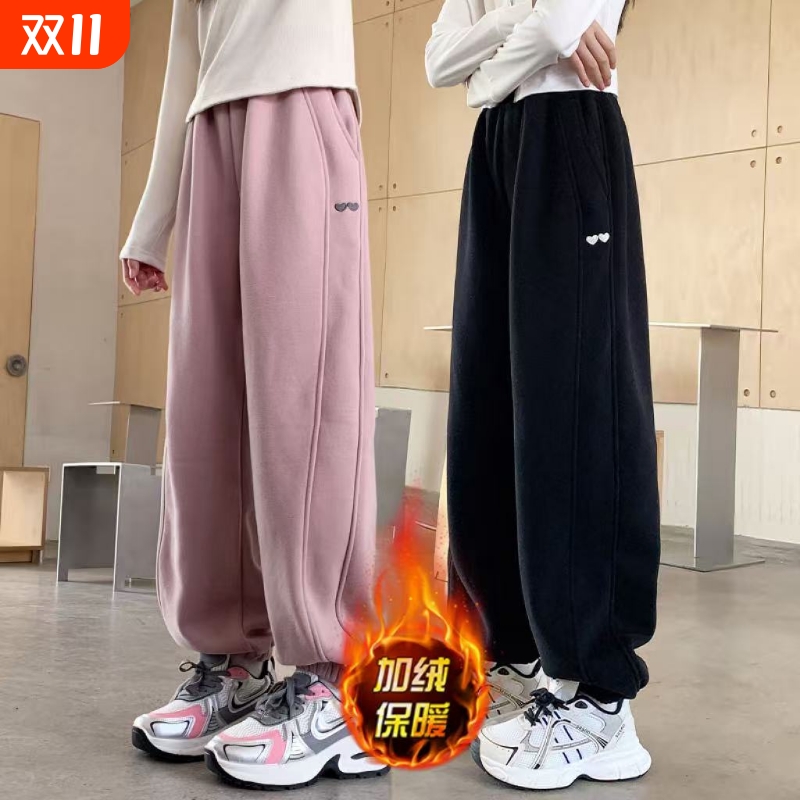 女童裤子秋冬新款儿童运动休闲卫裤黑色中大童长裤粉色胖孩冬加绒