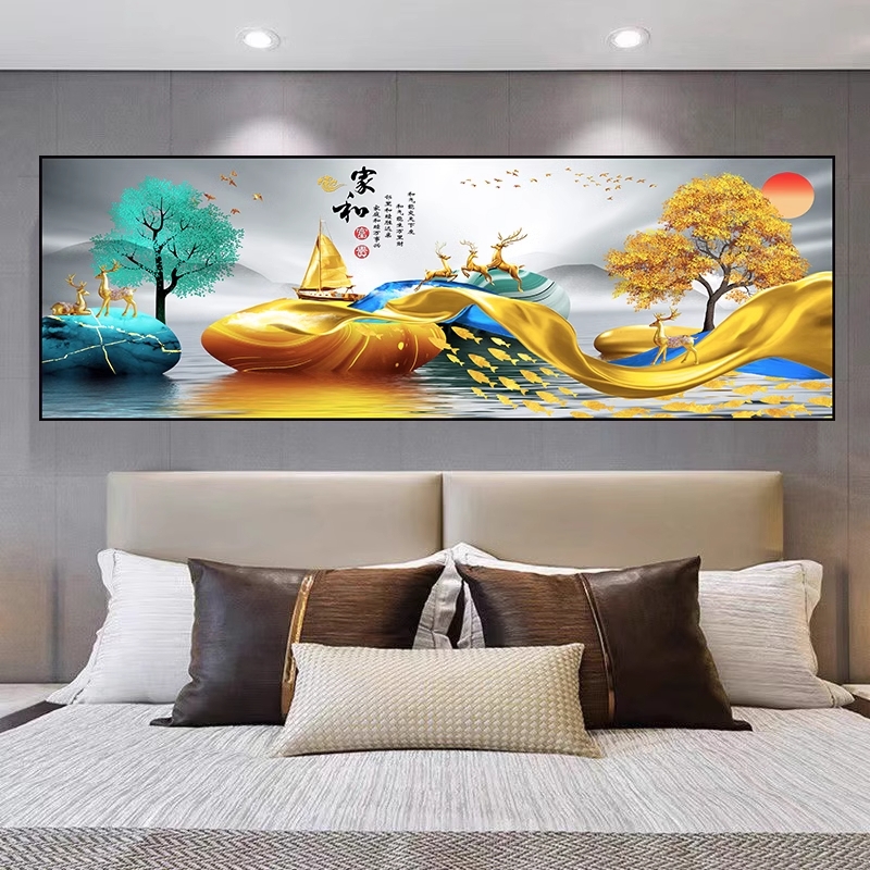 卧室床头装饰画主卧自粘贴画背靠金山前程似锦风水壁画客厅背景墙