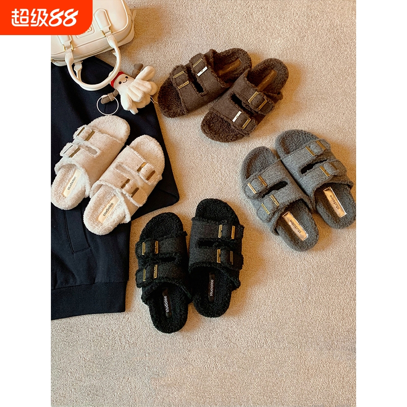 葡萄妈studiolee 懒人双扣带外穿百搭厚底毛毛勃肯拖鞋女秋冬外穿