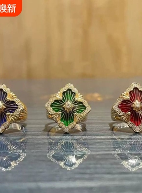法式复古四叶草戒指金边浮雕红色珐琅指环气质小众百搭轻奢饰品