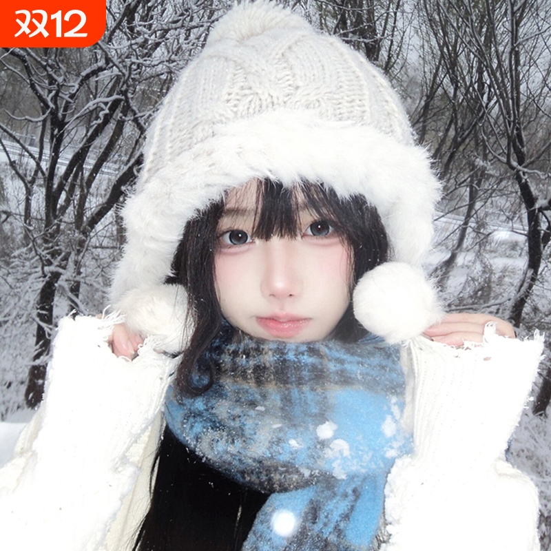2025新款兔毛针织毛线帽子女冬季可爱毛球加绒保暖防风护耳雷锋帽