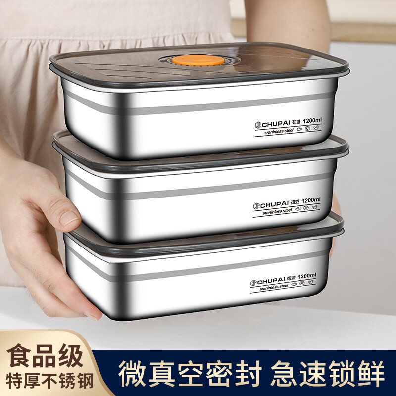 不锈钢保鲜盒带盖食品级冰箱专用碗饭盒收纳密封盒长方形餐盒冷冻图片