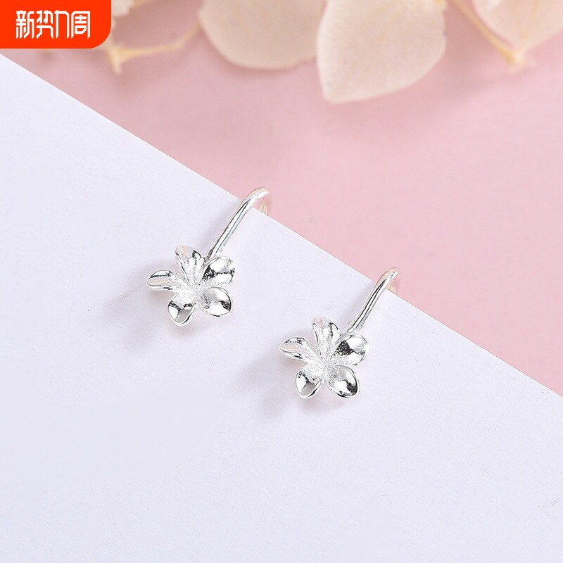 s925纯银韩版光面鸡蛋花耳环甜美小清新花朵耳夹无耳洞女一件代发