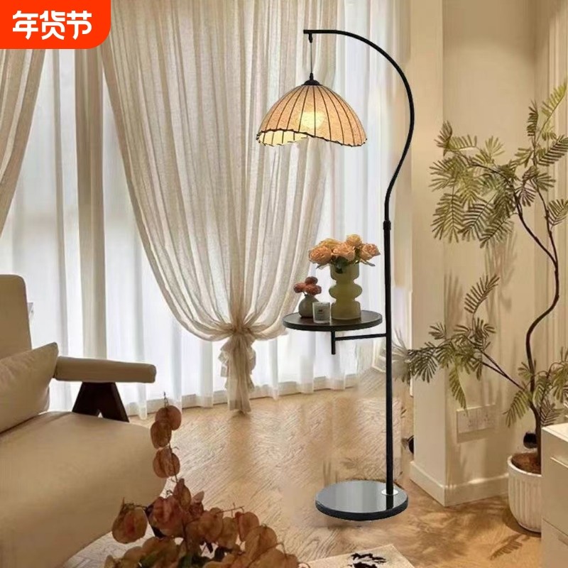 中古风客厅落地灯沙发旁装饰氛围单层置物架卧室床头茶几杆落地灯