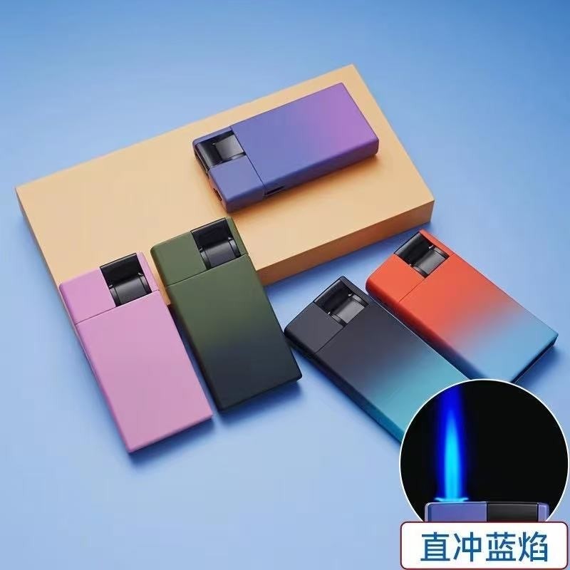 打火机防爆炫彩金属蓝焰直冲防风可印字充气磨砂手感家用批发火机