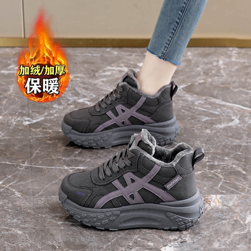 踩屎感加绒老爹鞋女款2025冬季新款厚底皮面棉鞋防滑保暖运动鞋子