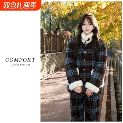 三层夹棉睡衣女秋冬季可外穿套装
