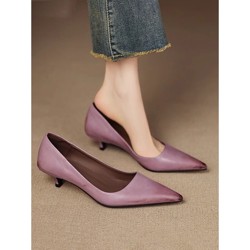 法式真皮春秋猫跟通勤工作鞋2026新款超火紫色尖头中跟单鞋女婚鞋
