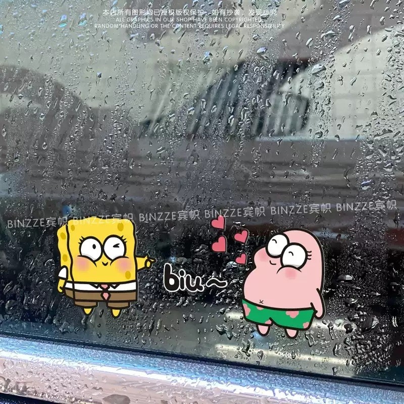 海绵宝宝可爱汽车贴纸装饰贴反光遮划痕贴车用网红卡通贴摩托电动