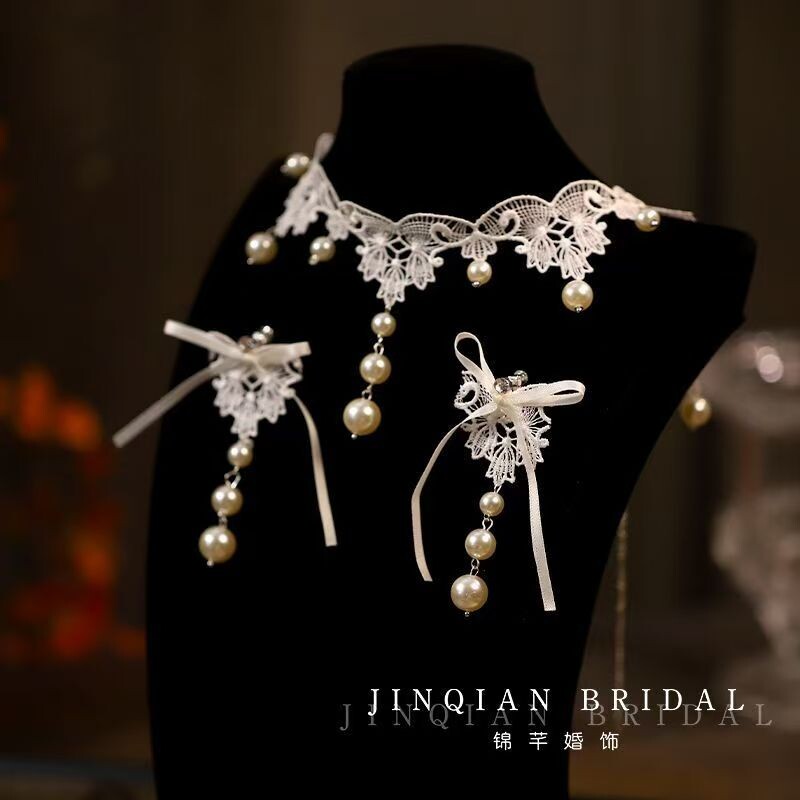 法式新款白色流苏蕾丝复古项链耳环套装新娘结婚纱礼服配饰锁骨链