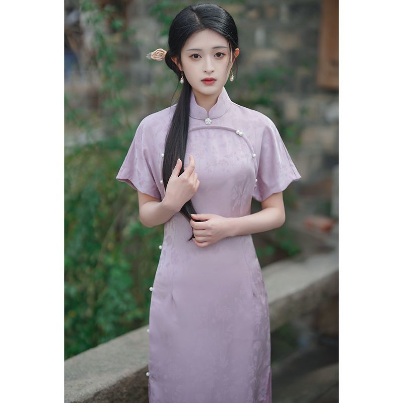 Long purple summer elite retro lightweight cheongsam, 2023 years Long purple summer elite retro lightweight cheongsam, 2023 years