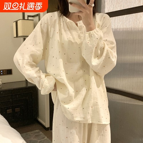 睡衣女春秋薄款长袖纯棉纱布套装