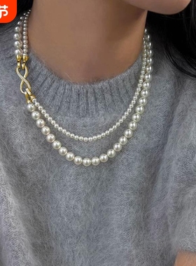 法式8字扣双层叠带项链可拆分一款多戴麻灰色毛衣链