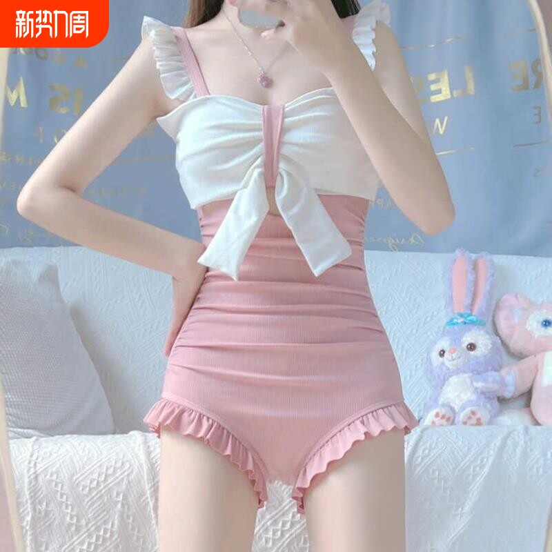 2023新款泳衣女款批发连体一体式荷叶边专业游泳装蝴蝶结露背温泉