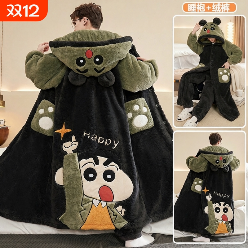 蜡笔小新睡衣男款秋冬季加厚加绒珊瑚绒睡袍男士青少年家居服套装