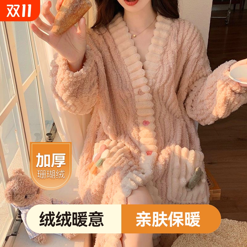 珊瑚绒睡袍女秋冬季睡裙长款冬款大码加绒加厚法兰绒浴袍睡衣外套