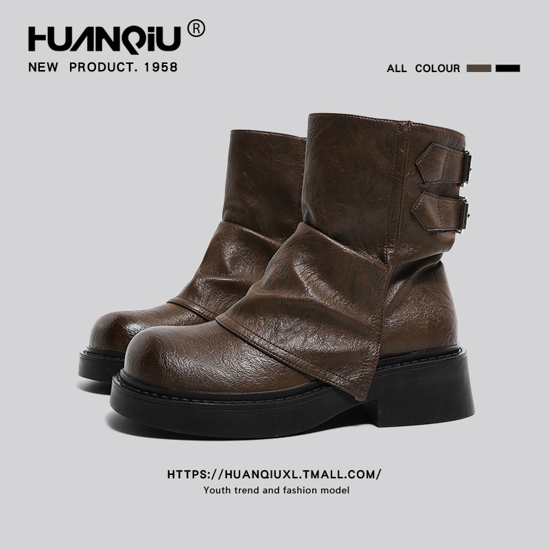 环球美拉德短靴女款2025年新款秋季棕色裤管靴骑士马丁靴防水台