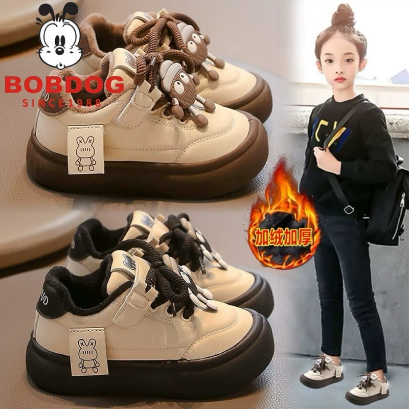 巴布豆女童棉鞋2025冬新款儿童加绒运动鞋中大童女孩保暖板鞋黑色