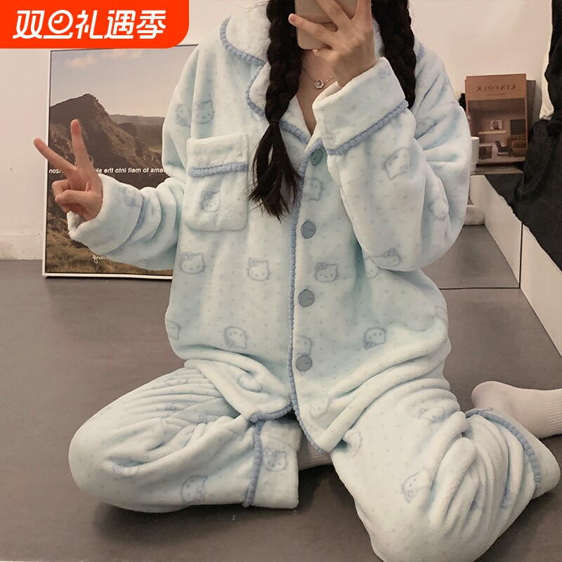 珊瑚绒睡衣女款秋冬季加绒加厚2025新款冬天凯蒂猫保暖女士家居服