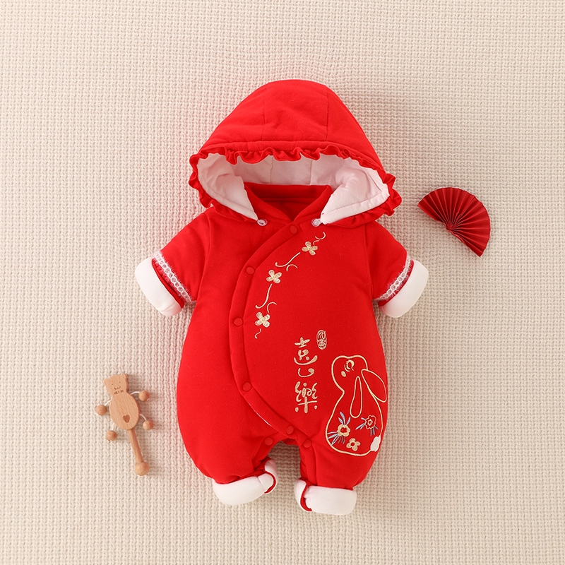 新生儿加厚连体衣冬季大红色拜年服宝宝哈衣初生婴儿棉袄纯棉可拆