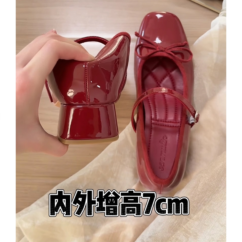 内增高7CM真皮红色高跟玛丽珍鞋女新款粗跟芭蕾单鞋女方头浅口
