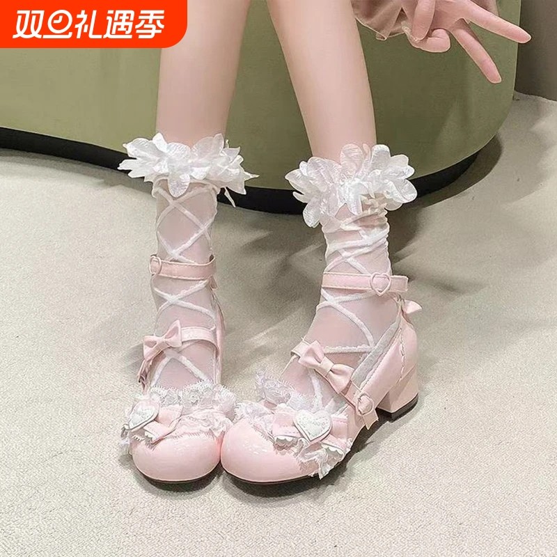 JK低跟平底百搭圆头Lolita高跟洛丽塔鞋蕾丝可爱小皮鞋中跟粗