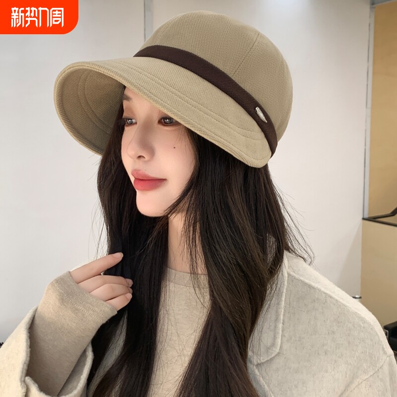 赫本风渔夫帽子同款女士鸭舌帽保暖盆帽秋冬可折叠休闲显脸小咖色