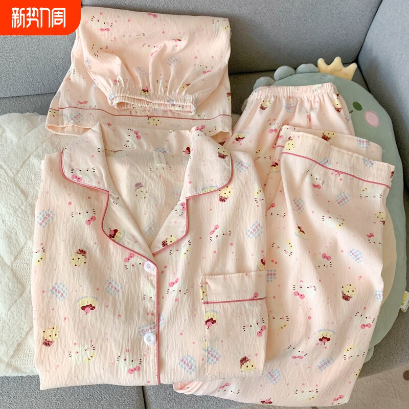红豆网红风猫咪云朵纯棉纱睡衣女款夏季学生可爱少女家居服短袖三