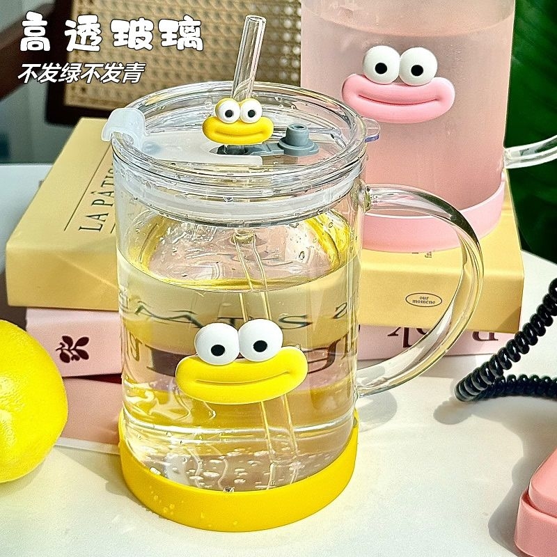 新款玻璃杯大容量1000ml带把手水杯带盖女家用耐高温吸管杯子学生