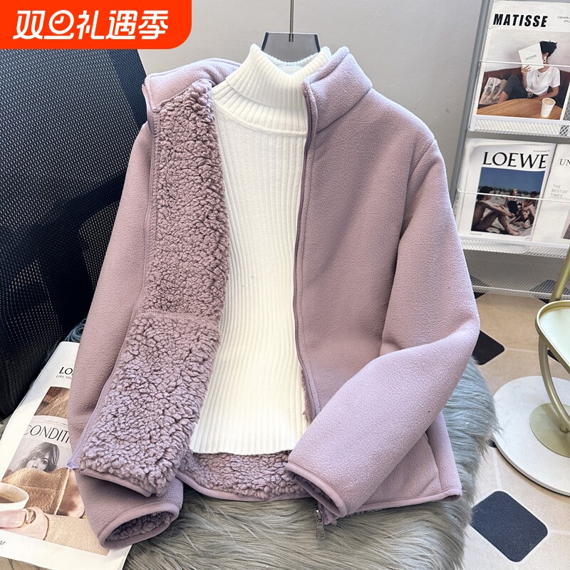 秋冬款中老年外套女加绒加厚摇粒绒卫衣立领抓绒衣立领宽松大码