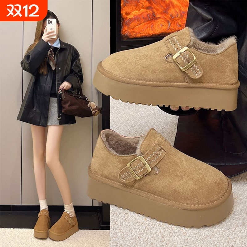 厚底勃肯鞋女冬加绒2025年新款懒人一脚蹬棉鞋保暖雪地靴毛绒磨砂
