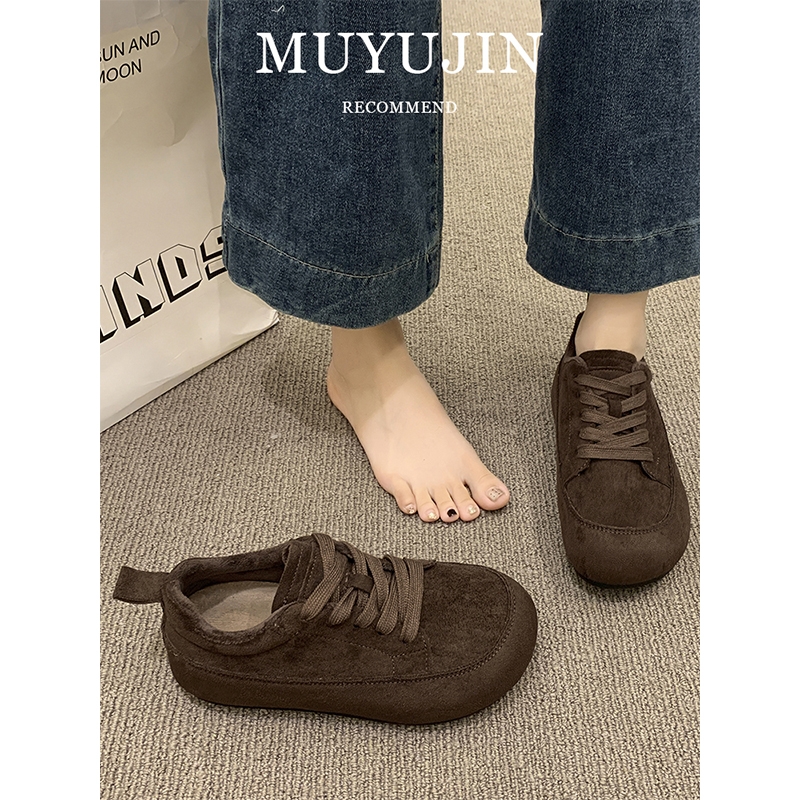 加绒勃肯鞋女2025秋冬新款百搭平底内增高复古德训鞋保暖面包棉鞋