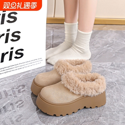 厚底增高一脚蹬毛毛勃肯鞋半拖女冬季加绒保暖毛绒2025新款棉拖鞋