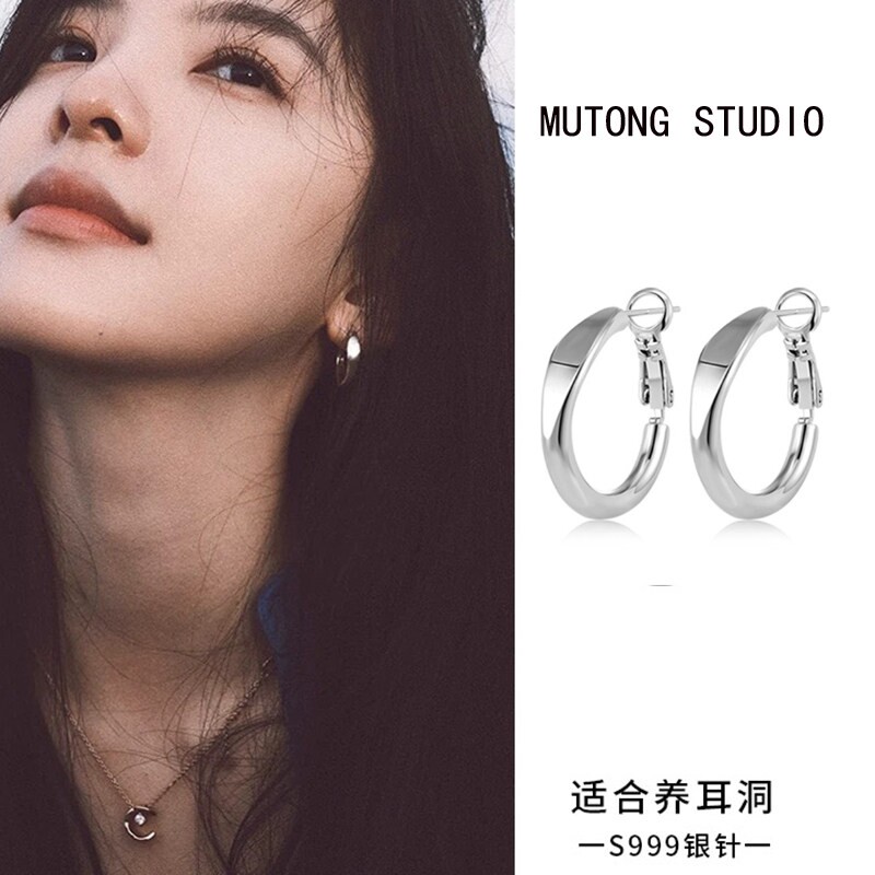 S925银针章若楠同款耳圈圆圈素耳环女轻奢小众耳钉高级感春夏耳饰