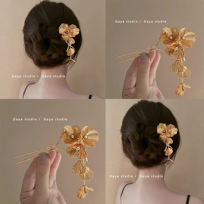 轻奢!金属花朵流苏发簪新中式女纸醉金迷小众超仙气质繁花发钗