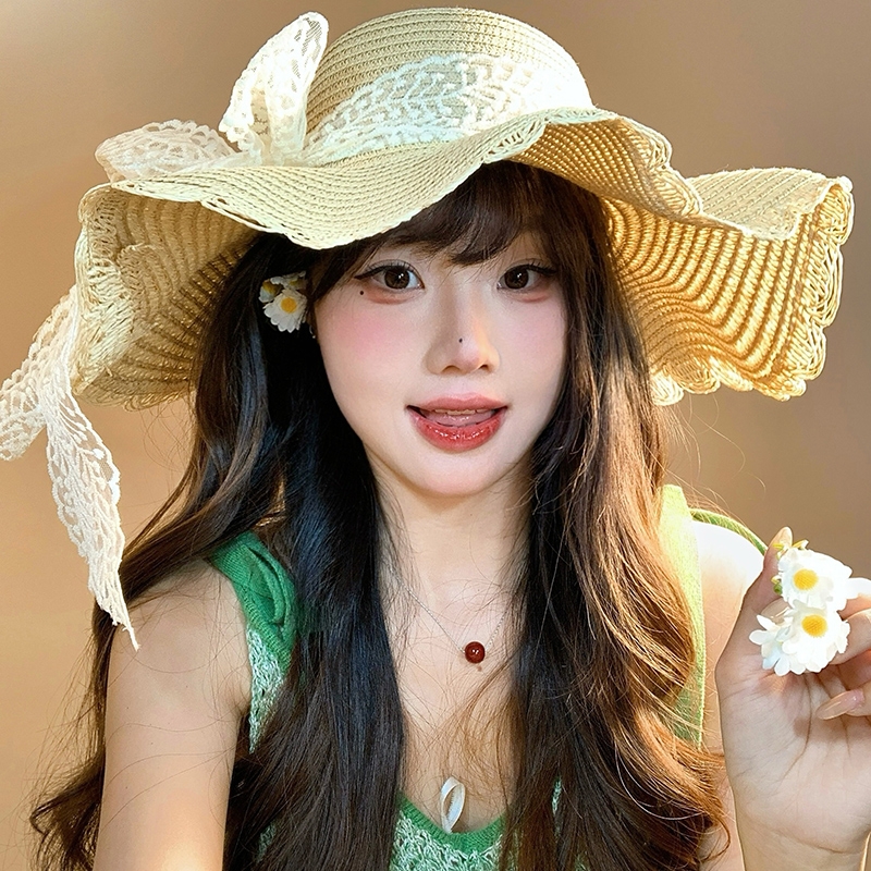 波浪边遮阳草帽女夏海边沙滩度假蕾丝蝴蝶结防晒法式甜美太阳帽子