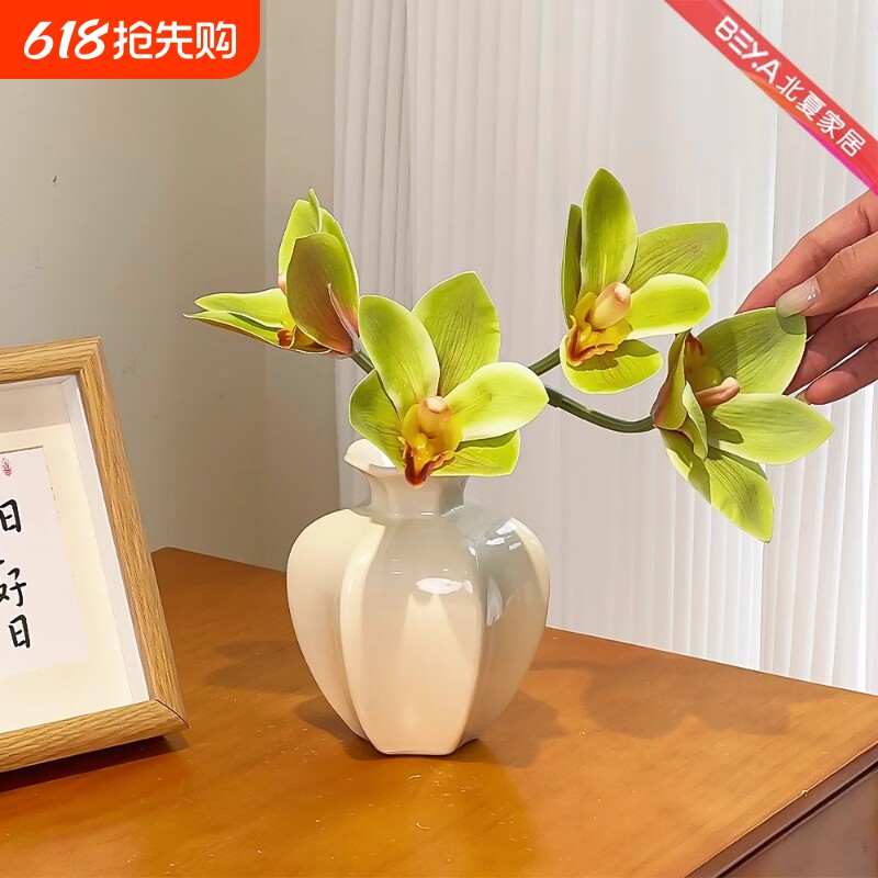 ins风油画蕙兰仿真花假花玄关客厅高档花艺装饰摆设高级花瓶摆件
