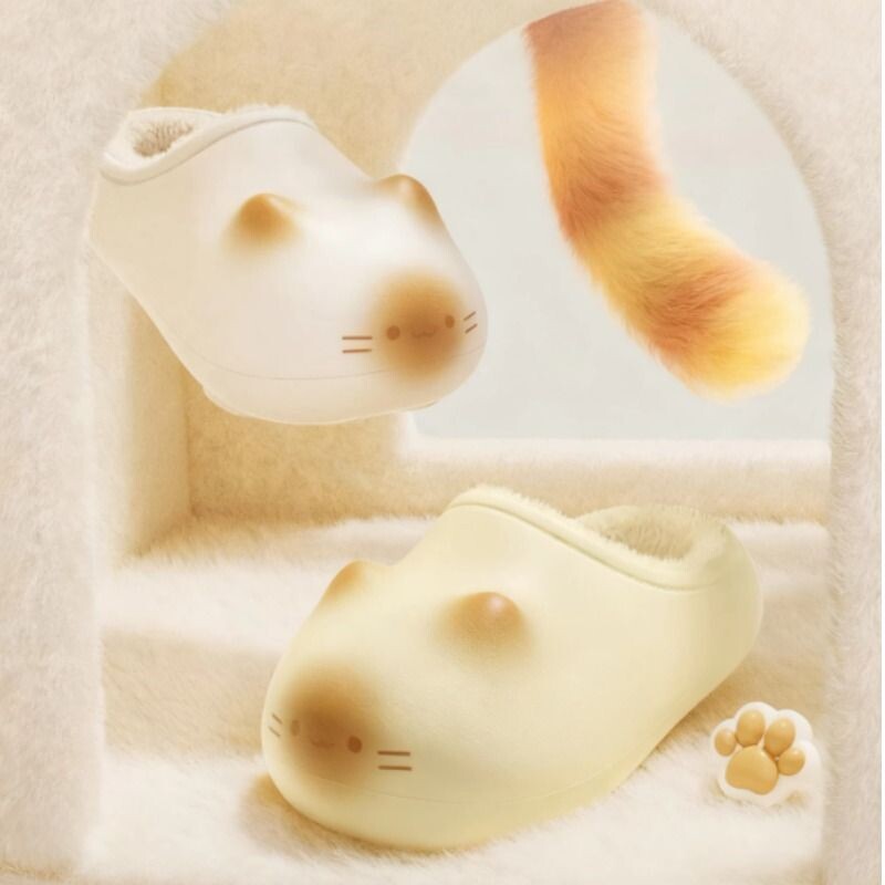 可爱猫爪印棉拖鞋女冬居家保暖情侣防水微小猫棉拖男加绒全包防滑