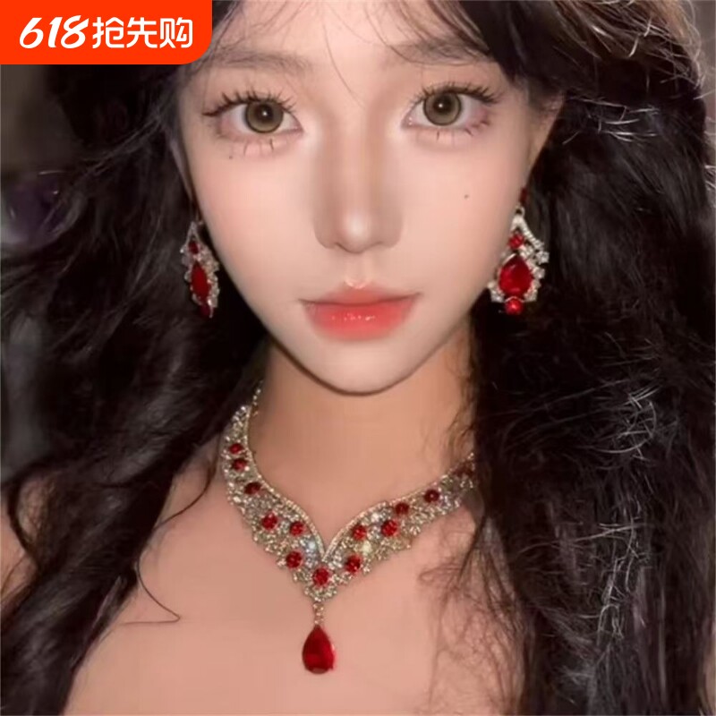 zoozmomo时髦红色夸张项链耳环套装女奢华锆石宴会礼服锁骨链