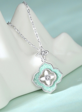 青花瓷四叶草项链女925银2024新款轻奢小众精致吊坠生日礼物