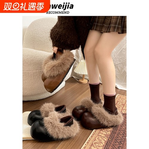 复古加绒保暖防滑厚底棉鞋女冬2025新款外穿增高加厚毛毛勃肯鞋子