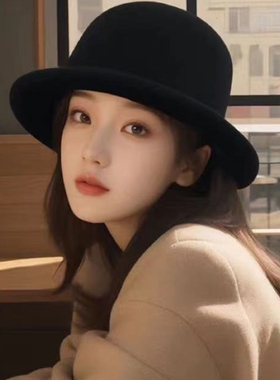 女士日系卷边毛呢小礼帽