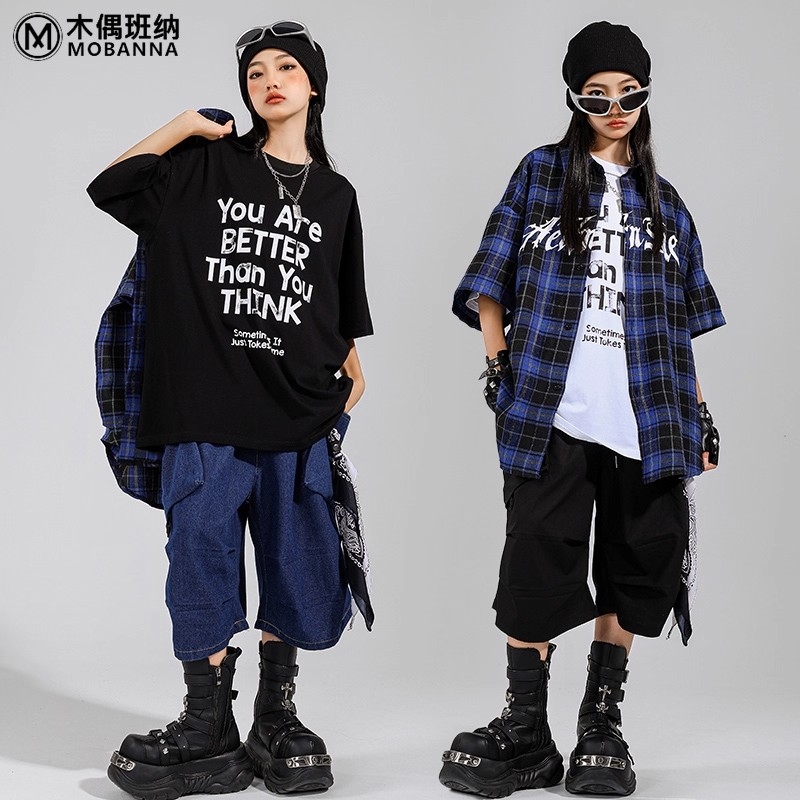女童春秋套装潮酷街舞表演服儿童格子衬衫外套男童嘻哈爵士舞蹈服