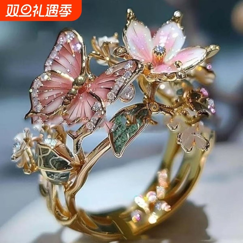 欧美热卖新款彩色滴油蝴蝶戒指新品时尚开口指环精品花朵装饰戒指