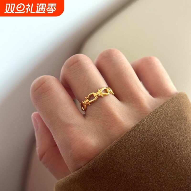 中古风金色马蹄扣开口戒指新款复古小众设计精致百搭指环指戒