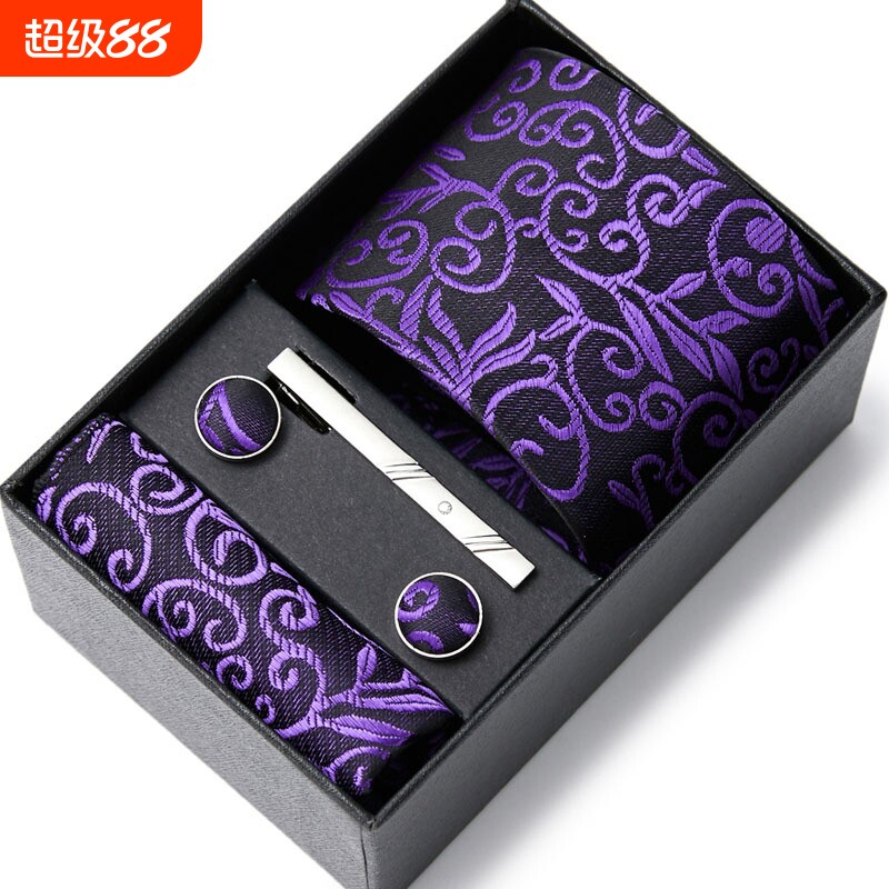 厂家现货批发 男士套装领带 纯色商务男领带礼盒装口袋巾袖扣