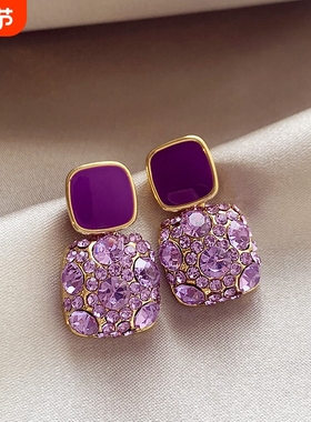 新款紫色锆石方形耳环小众复古轻奢高级感耳钉气质时尚百搭耳饰女