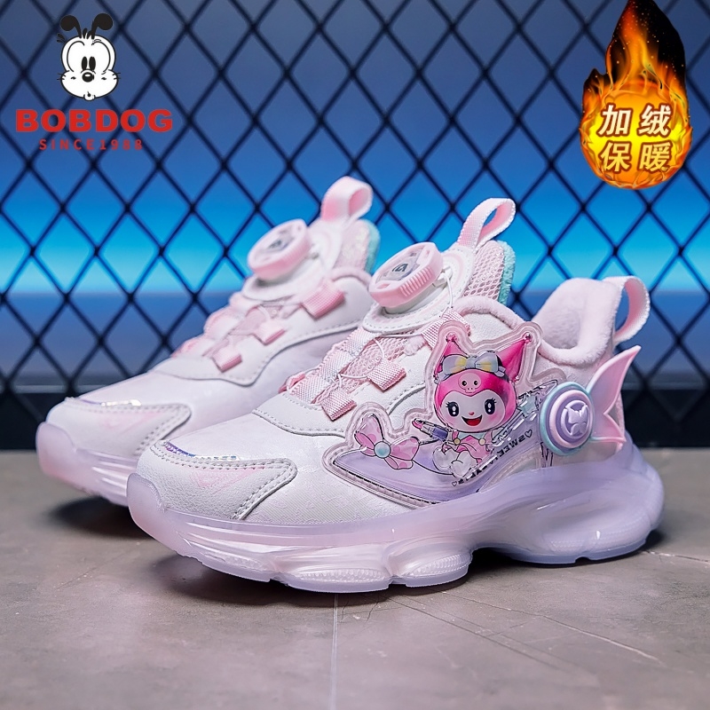 巴布豆真皮女童鞋秋冬2025新款库洛米儿童灯鞋加绒保暖运动老爹鞋