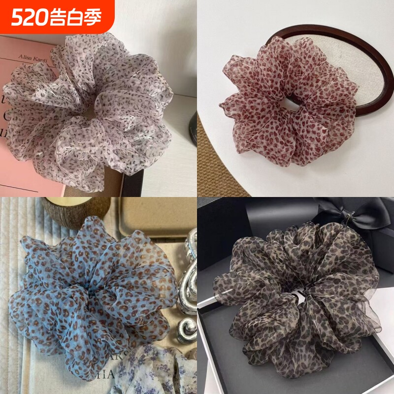 韩国慵懒风豹纹网纱蓬松发圈头花女个性小众设计感低马尾皮筋发饰