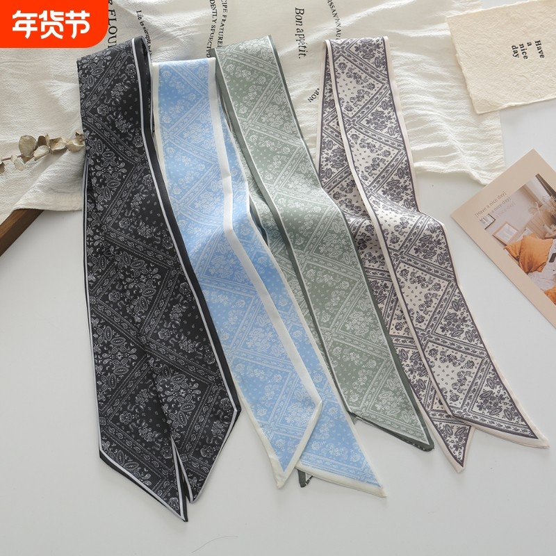 博主时尚搭配黑色复古腰果丝巾长条飘带女春夏季装饰气质颈带领巾